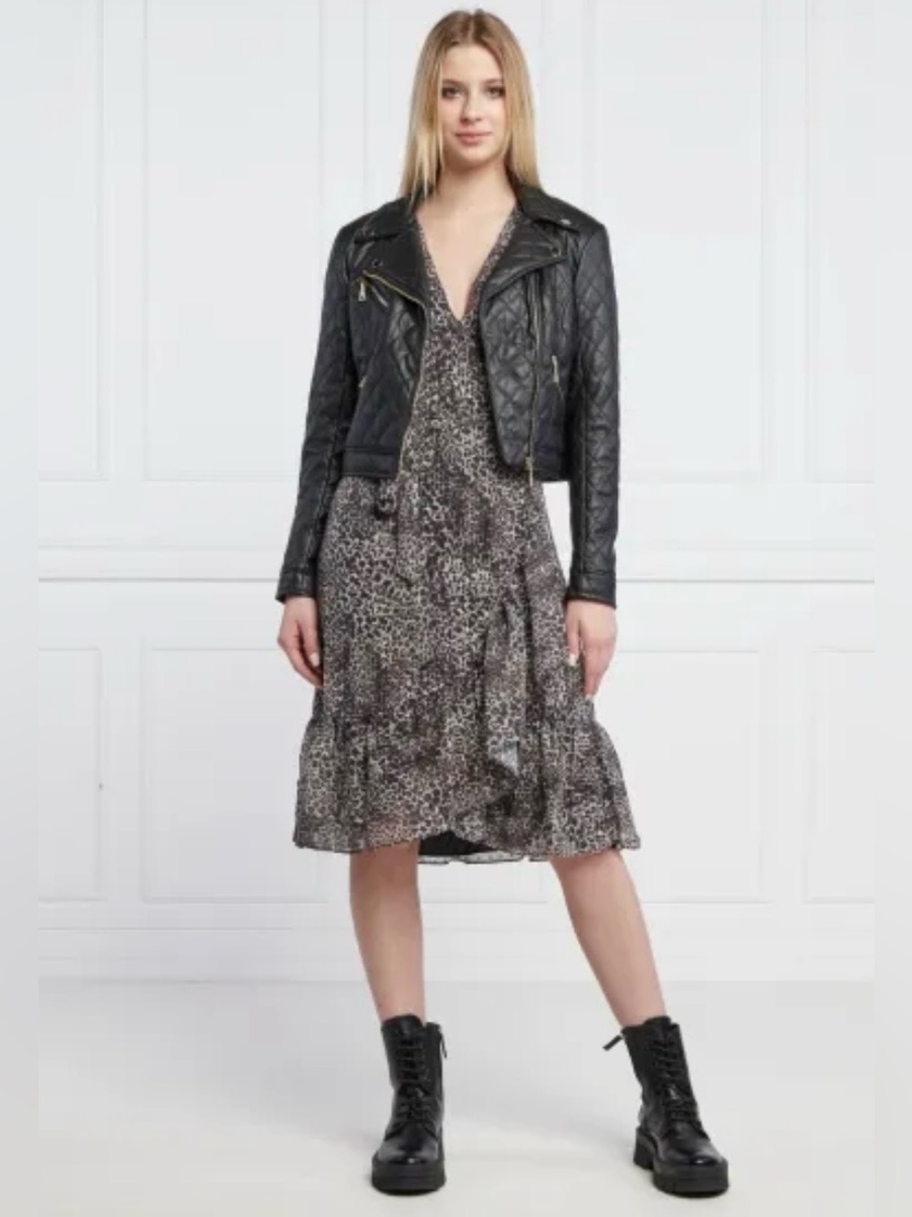 Guess Nina Leopard Animal Print Ruffle Belted Wrap Midi Dress Long Sleeves VNeck